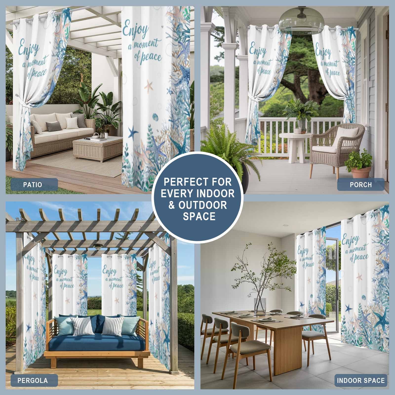 Ocean Life Outdoor Curtains for Patio, Blue Starfish Coral Eucalyptus Leaves Enjoy A Moment F Peace Sunshade Privacy Drapes Grommet Waterproof Outside Curtains for Porch Balcony 54"x108", 1 Panel