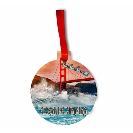 San Francisco Christmas Store Santa and Sleigh Over the Golden Gate Bridge, San Francisco Round - Shaped Flat Hardboard Christmas Holiday Ornament ()