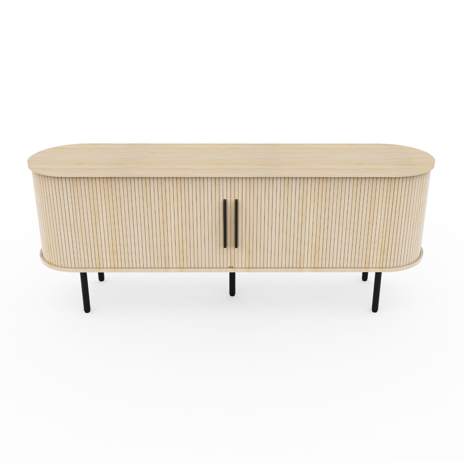 Embossed Particle Board TV Stand, Oval Tabletop 147x35x58cm, Modern Entertainment Center with Sliding Grid Doors, Media Console Cabinet for Living Room Home Decor, Oak Color