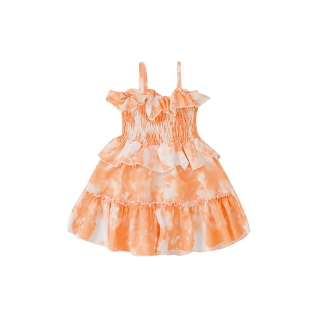 

Calsunbaby Little Girl Short Dress Toddlers Spaghetti Strap Sleeveless Tie-Dye Printed Multi-Layer Ruffle Hem Sling Skirt