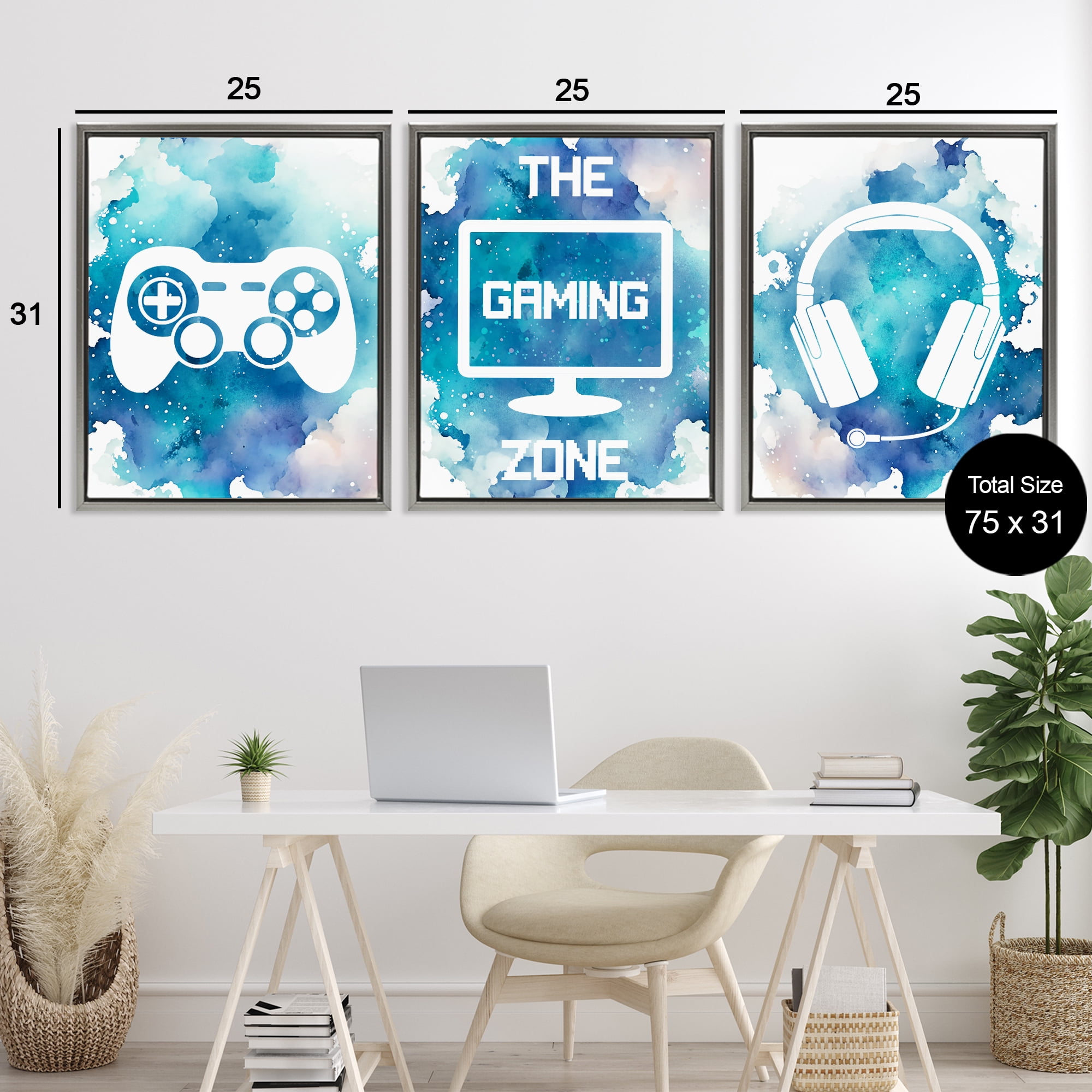 Blue Gamer Splatters 3 Piece Gray Framed Floater Canvas Set, design by Marcus Prime