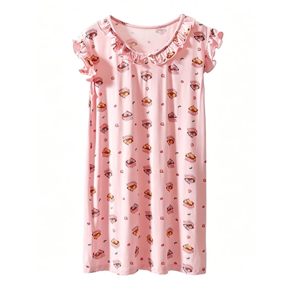 WIBACKER Girls Nightgowns Viscose Pajamas Dresses Flutter Short Sleeves Sleepwear Princess Cake Nightshirt for Kids 4-16Y