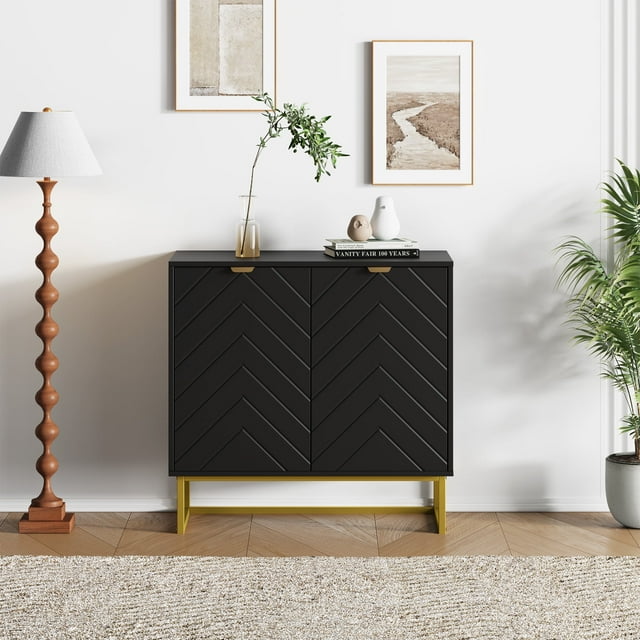 Buffet Moderne de 31,5 Po avec Portes à Chevrons et Tablette pour Salle à Manger