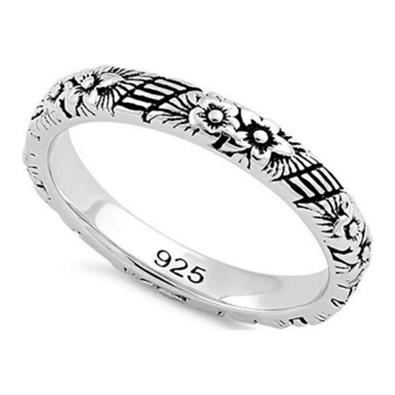 925 Sterling Silver Oxidized Platinum Plated Floral 3Mm Band Women Valentines Day Gifts Ring
