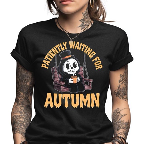 Autumn Skeleton Shirt, Patiently Waiting For Autumn Tee, Cute Reaper Fall Season Clothing, Cozy Top Hat Skeleton Graphic Tee, Halloween Vibe
