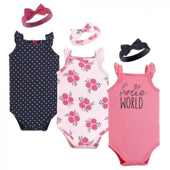 Hudson Baby Infant Girl Sleeveless Bodysuit and Headband Set, Pink Navy Roses, 0-3 Months