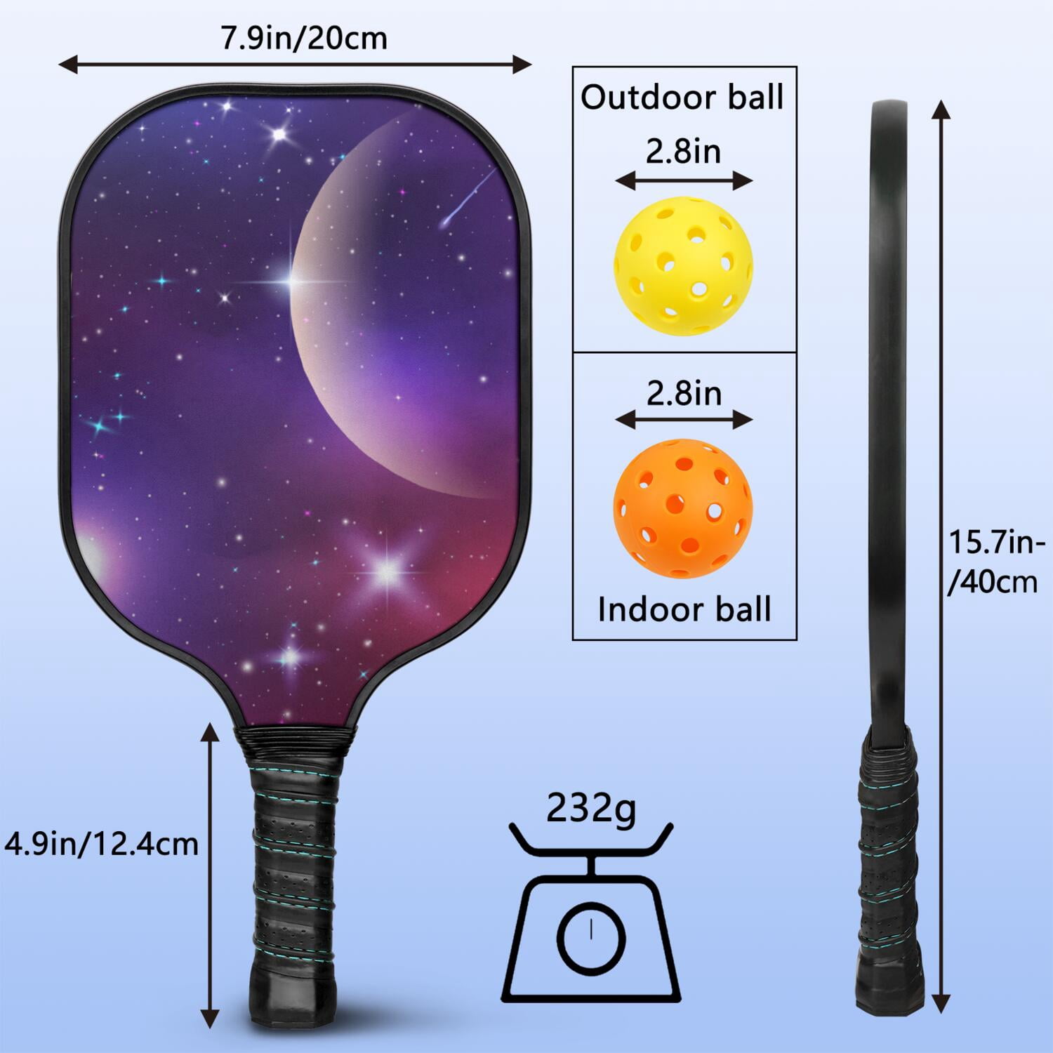 Pickleball Paddles Set Of 1, Fiberglass Surface, Galaxy, Universe, Starry Sky Print, 1 Paddle, 2 Balls & Bag