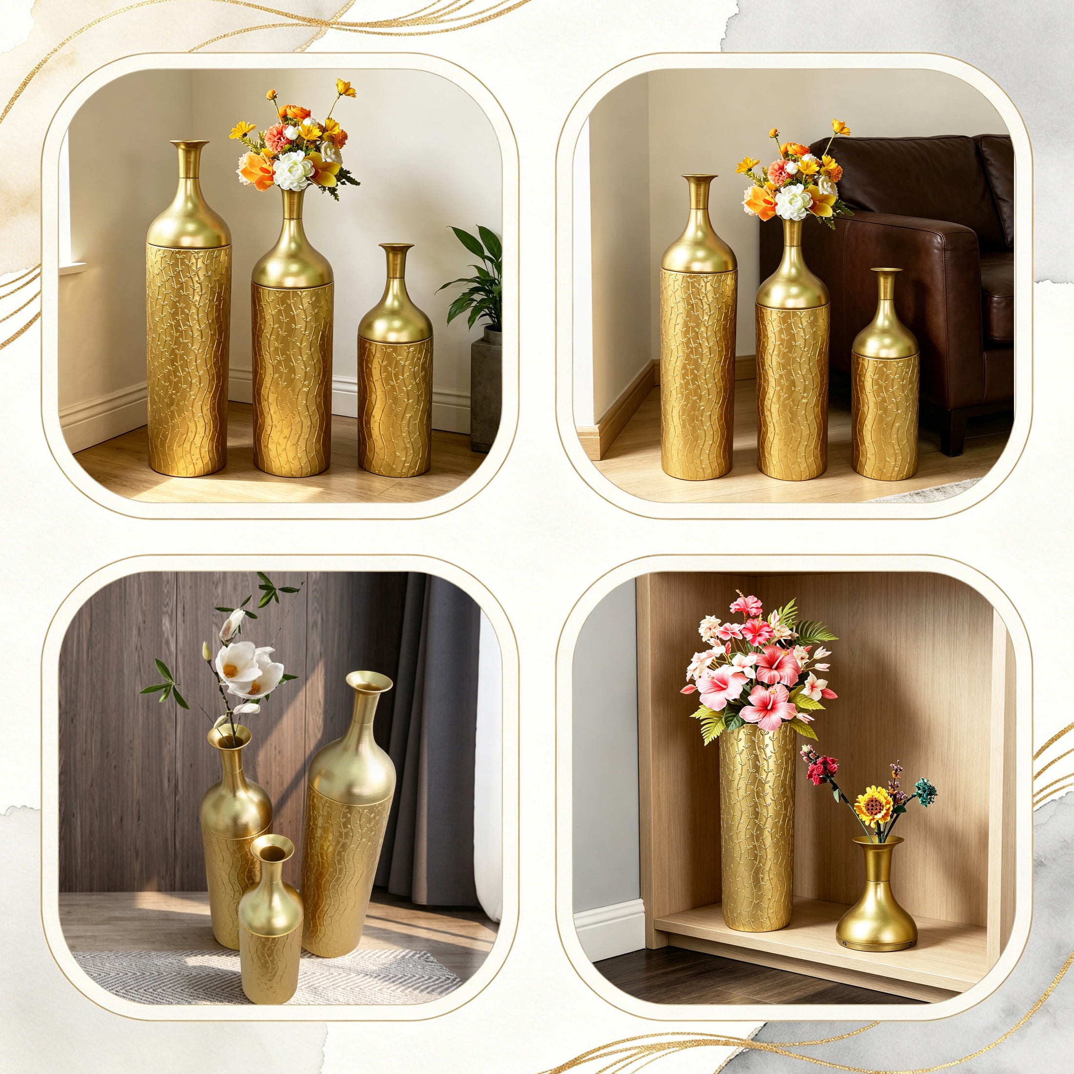 Noble House Set of 3 Decorative Metal Floor Vases, Leaf Pattern Tall Vases, Gold