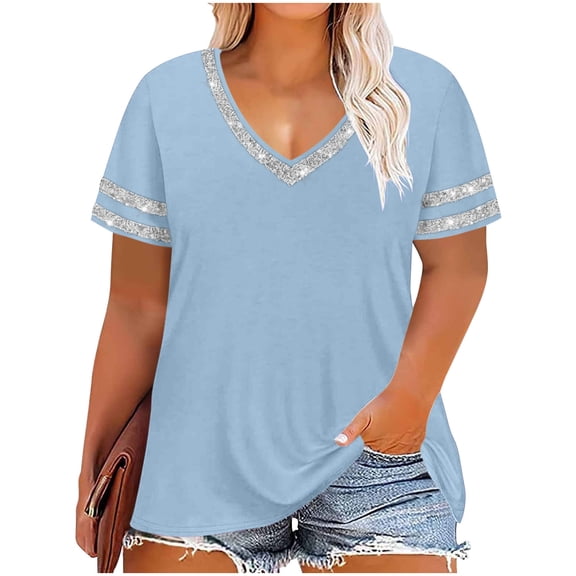 Levmjia Womens Plus Size T Shirts Casual Short Sleeve V Neck Color Blocked Summer Shirt Polyester Comfortable Loose Fit Fashion Top for Women