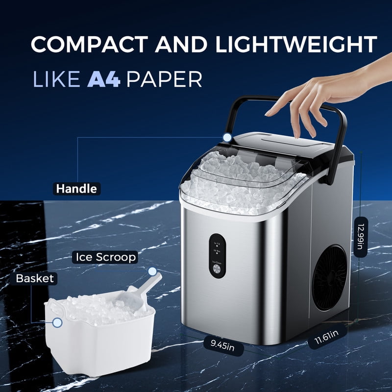 Simzlife 35lbs/24H Nugget Ice Maker Countertop,Portable Ice Maker Machine with Auto-Cleaning, Silver
