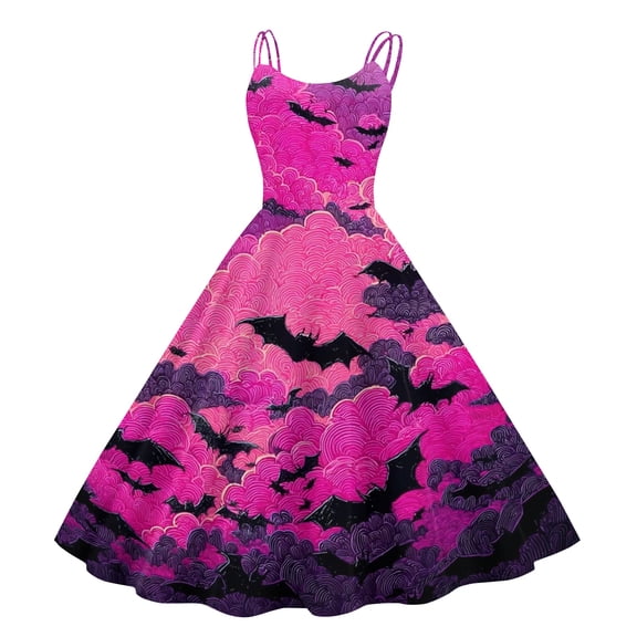 Fgvctg Womens Halloween Wedding Guest Dress Graduation Cocktail 1950s Dresses Pumpkin Ghost Witch Graphic Crewneck Dresses Formal Halloween Sleeveless Clothing Fashion Outfits Purple Pink S