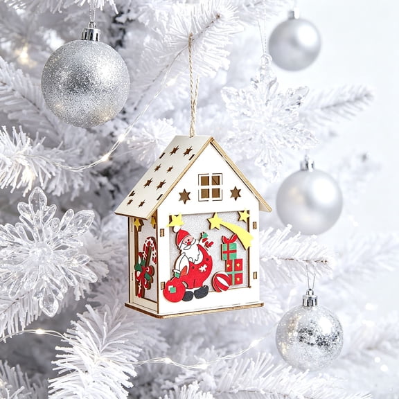 Zynviq Green Interior House Santa and Tree Scene Lighted Wooden House for Christmas Village