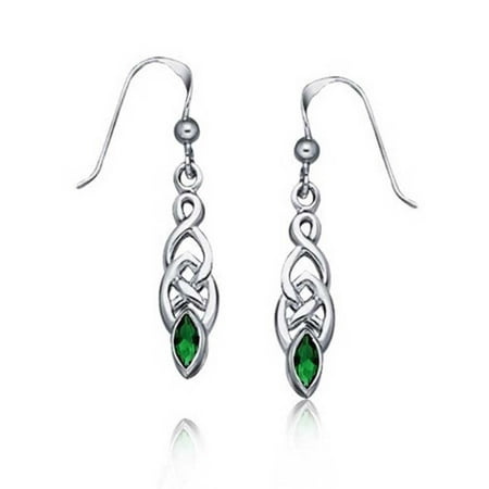 - Celtic Knot work Love Knot Kelly Green Dangle Earrings For Women Fish Hook Simulated Emerald Glass .925 Sterling Silver
