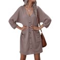 thumbnail image 3 of Femmes Poches Boutons V Cou Manches Longues Mini-Robe Plissée Unis, 3 of 6