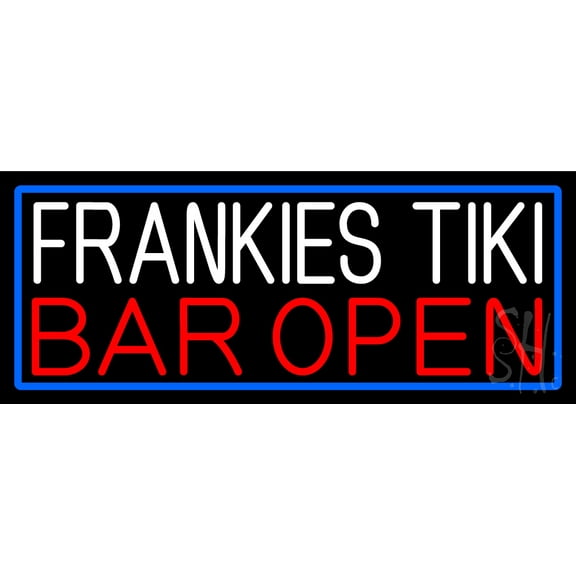 Frankies Tiki Bar Open With Blue Border LED Neon Sign 13 x 32 - inches, Clear Edge Cut Acrylic Backing, with Dimmer - Bright and Premium built indoor LED Neon Sign for Bar decor.