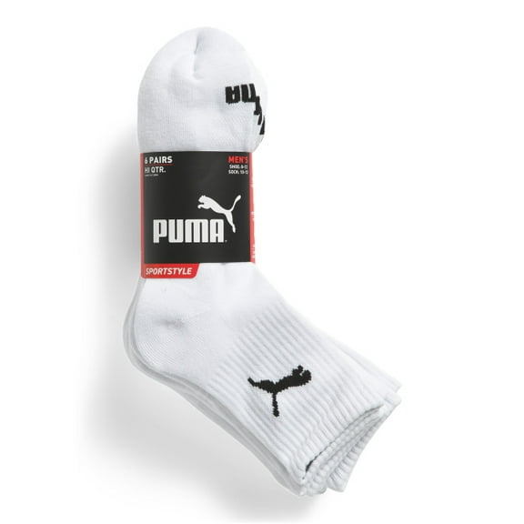 PUMA SOCKS MEN'S - HI QUARTER 243 - SOLID WHITE 2 - LARGE (10-13)- PACK 6