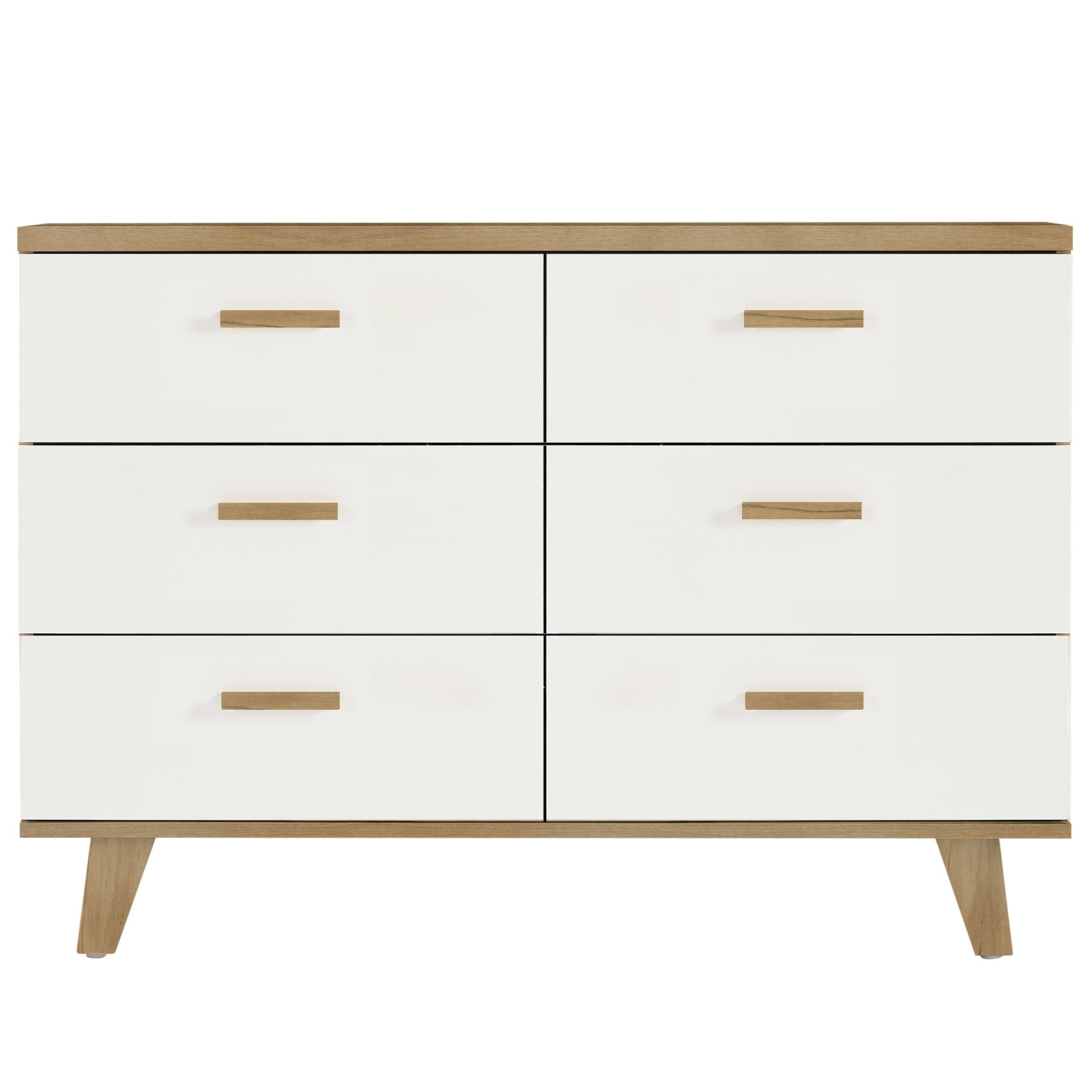 Resenkos Modern Mid Century White Dressers for Bedroom, 6 Drawer Dresser Organizer with Wood handles, Accent Chest of Drawer