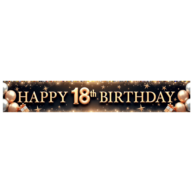Golden Letters Happy 18th Birthday Party Banner Decorative Balloons Confetti Design for Milestone Celebration Indoor Event