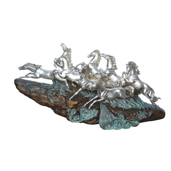 Eight Horses Running Bronze Statue Silver Finish -  Size: 59"L x 20"W x 28"H.