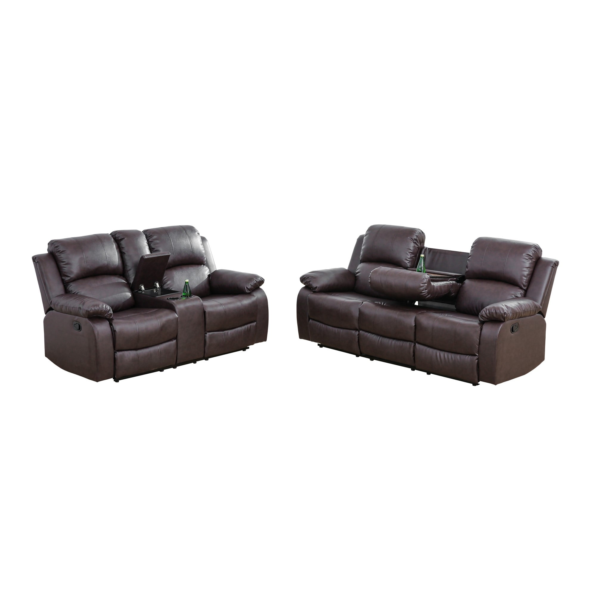 Gewnee Brown 2-Piece Living Room Air Leather Recliner Sofa Set with Console & Cup Holders