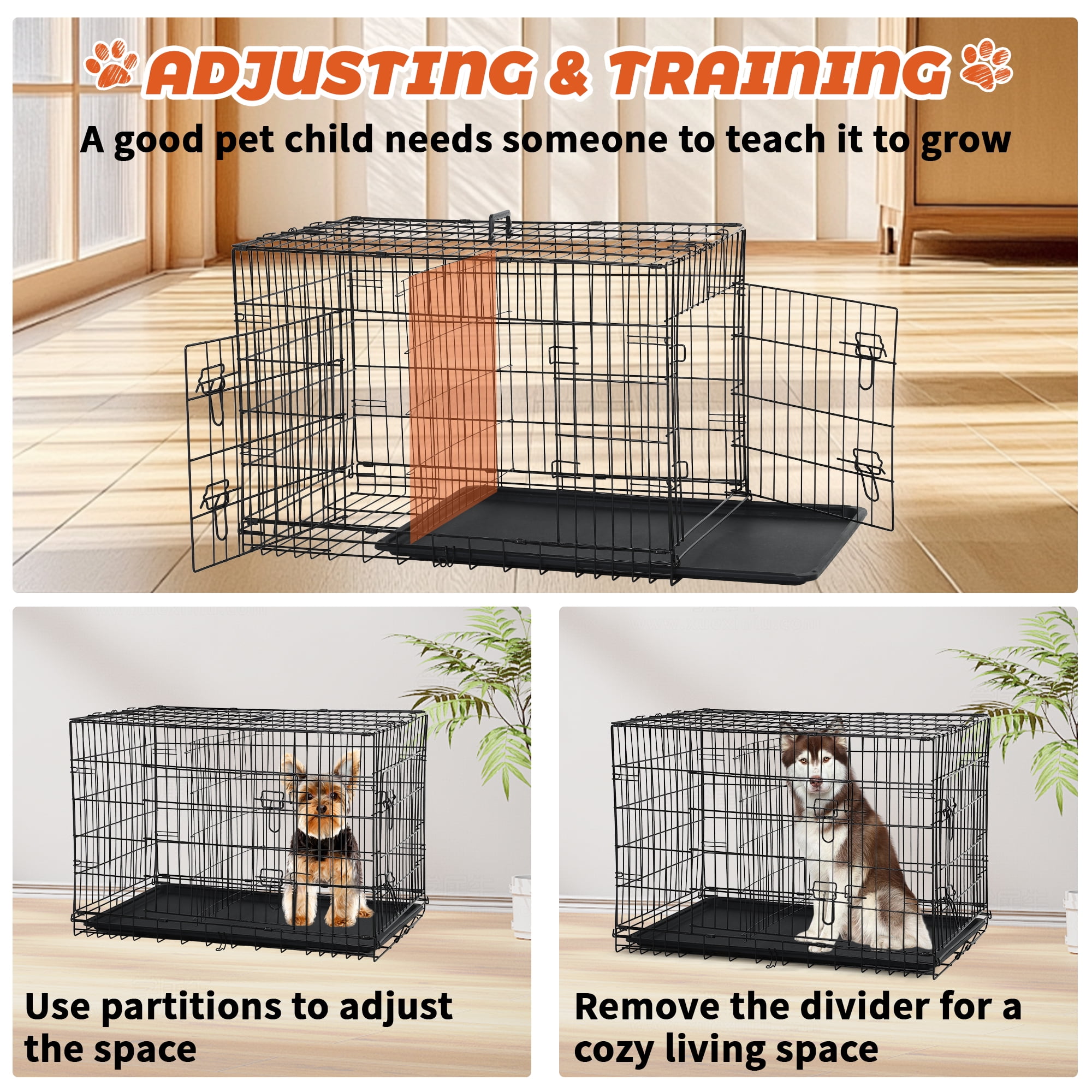 CL.HPAHKL 36 Inch Double-Door Dog Crates for Medium Small Dogs, Portable Folding Metal Dog Cage, Indoor and Outdoor Dog Kennels with Divider Panel, Leak-Proof Pan, Locks, Handle, Black