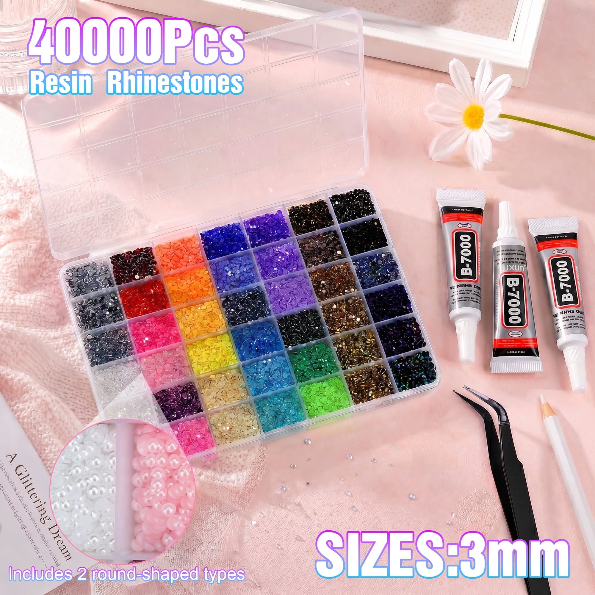 42 Mixed Colors Resin Jelly Rhinestones with Tweezers for Crafting, 32,000Pcs 3mm Bedazzling Crystals for DIY Crafts, Clothing, Tumblers, Mugs, Shoes, Fabric Decor, Nail Art, Makeup