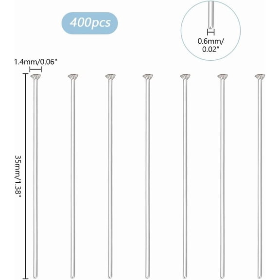 1box 400pcs Flat Head Pins 35mm(1.3 inch) 304 Stainless Steel Jewelry Making Pins Craft Headpin 22 Guage Bendable Pins for Beading Dangle Earring Bracelet Necklace Jewelry Head 1.4mm