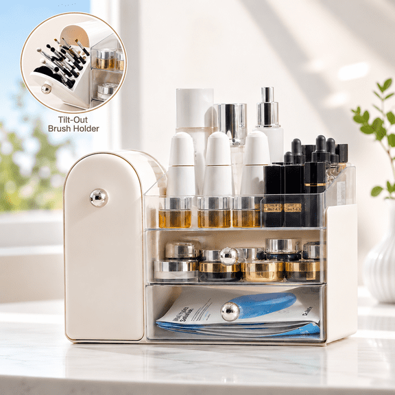 Everkeen Desktop Makeup Organizer with Dustproof Brush Holder 2 Drawers Cosmetic Storage Box Skincare & Beauty Organizer for Vanity Countertop, Bathroom, White