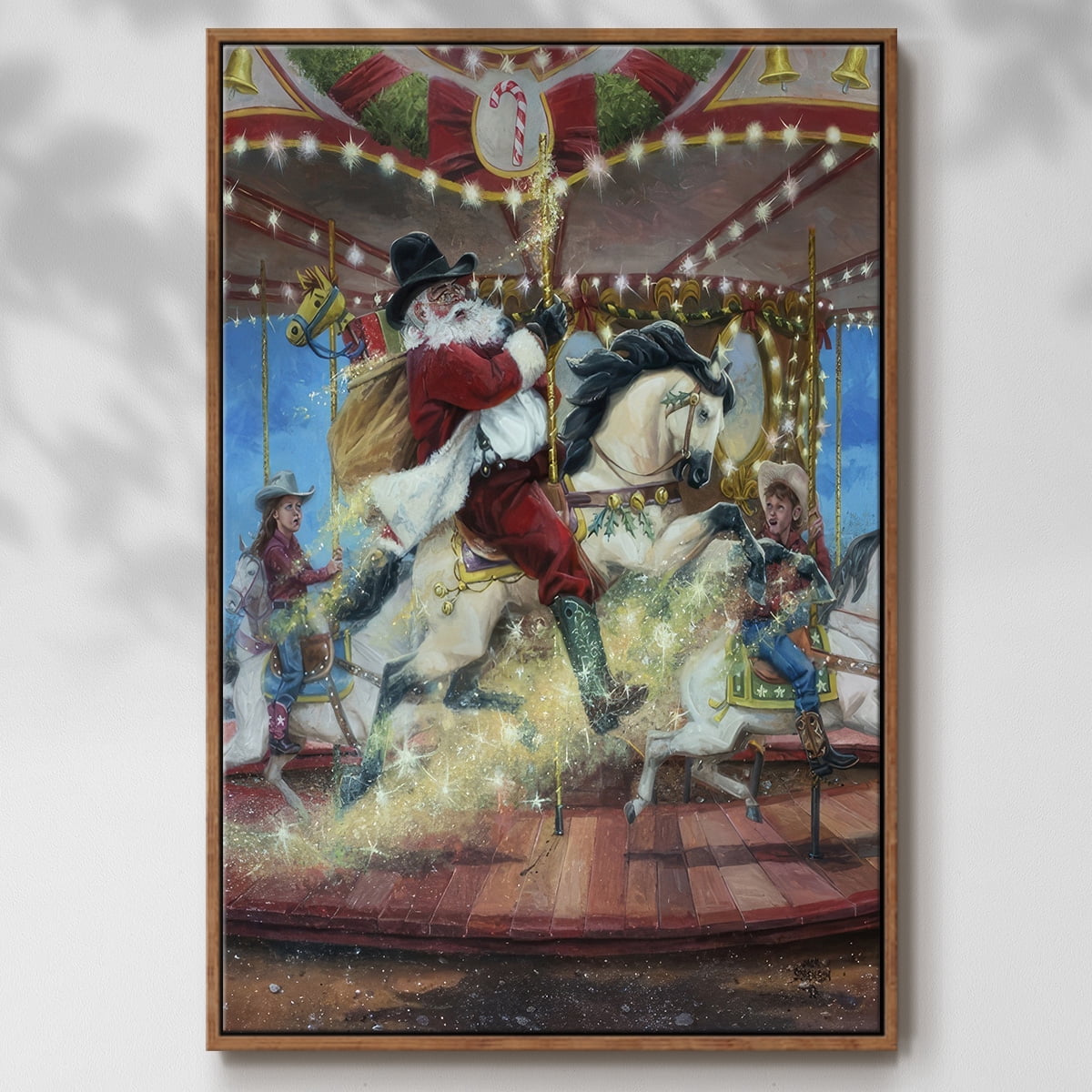 Merry Go Round - Framed Gallery Wrapped Holiday Canvas - 25 x 37 - Rosewood Frame