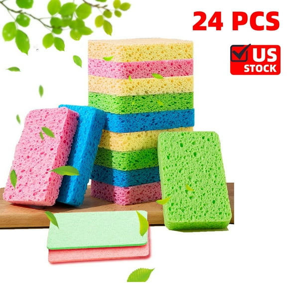 24-Count Kitchen Sponges- Compressed Cellulose Sponges Non-Scratch Natural Dish Sponge for Kitchen Bathroom Cars, Funny Cut-Outs DIY