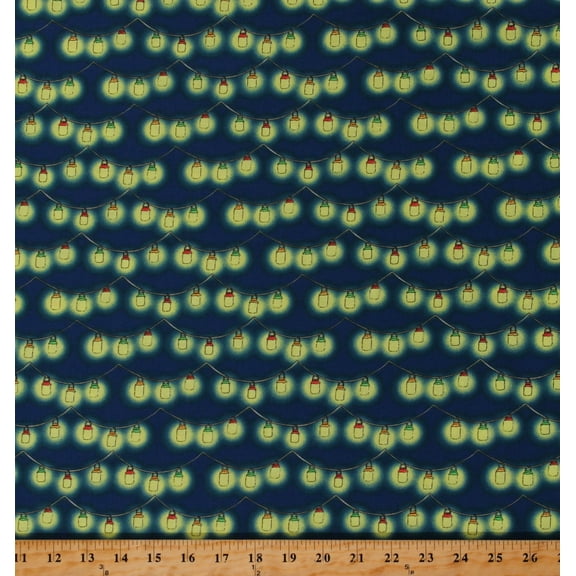 Cotton Lights Twinkle Lanterns Hanging With My Gnomes Blue Cotton Fabric Print by the Yard (1441G-77)