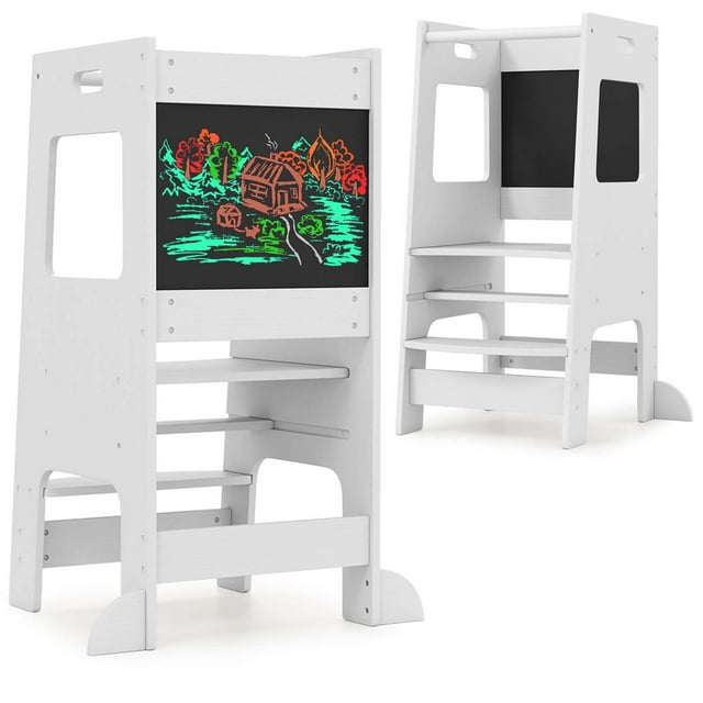 Costway Marchepied de Cuisine pour Tout-Petit avec Tableau d'Activités, Hauteur Réglable et Barre de Sécurité, Blanc
