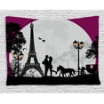 thumbnail image 1 of Romantic Tapestry, Horse Carriage Couple Hugging in front of the Eiffel Tower and Full Moon, Wall Hanging for Bedroom Living Room Dorm Decor, 60W X 40L Inches, Fuchsia Grey Black, by Ambesonne, 1 of 2