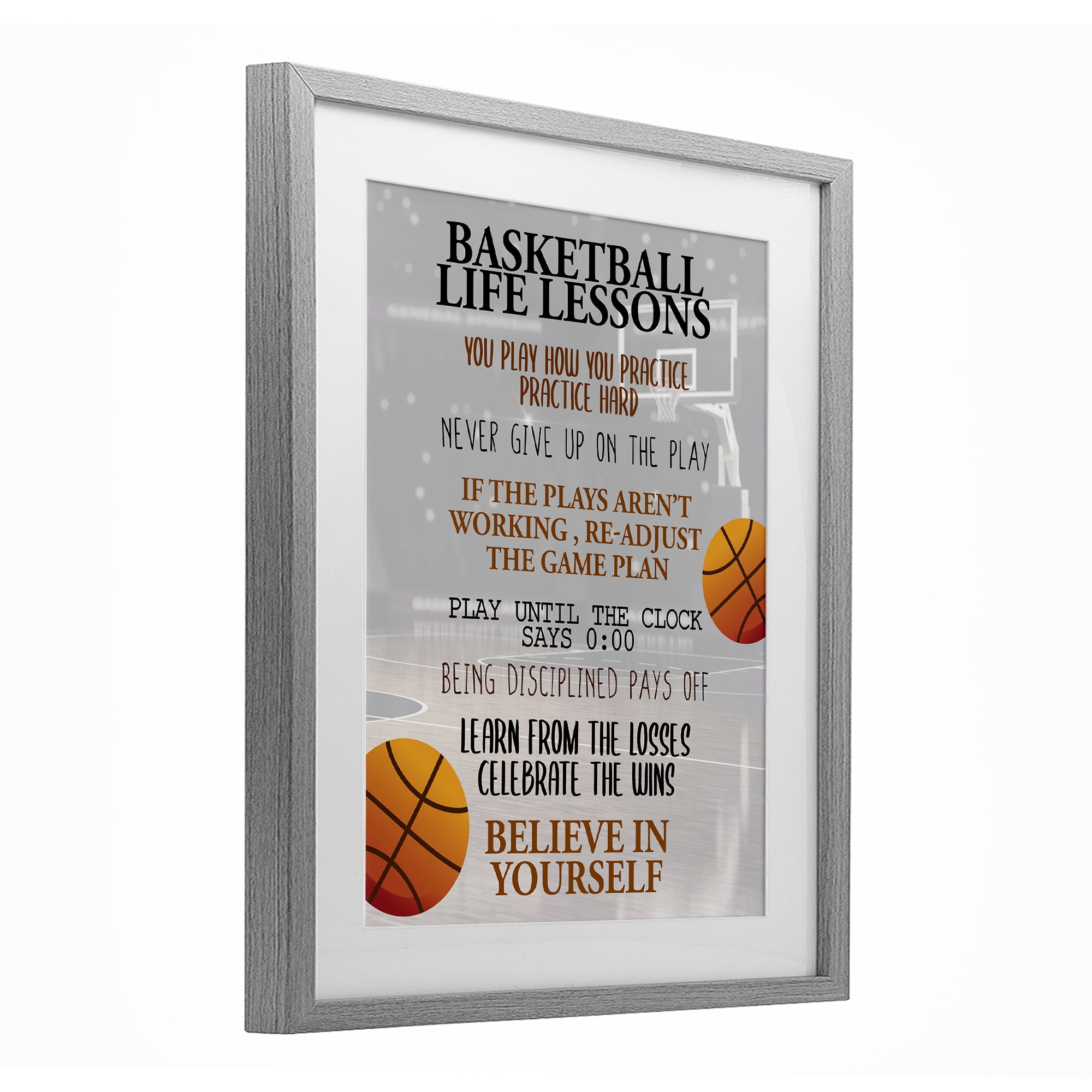 Basketball Life Lessons Gray Framed Print Under Glass, design by Kim Allen