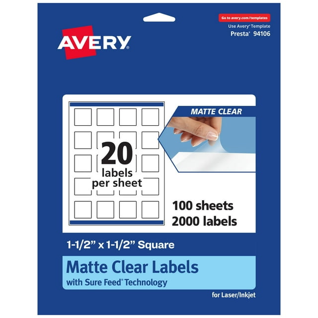 Avery Matte Clear Square Labels with Sure Feed, 1.5" x 1.5", 2,000 Matte Clear Labels, Print-to-The-Edge, Laser/Inkjet Printable Labels