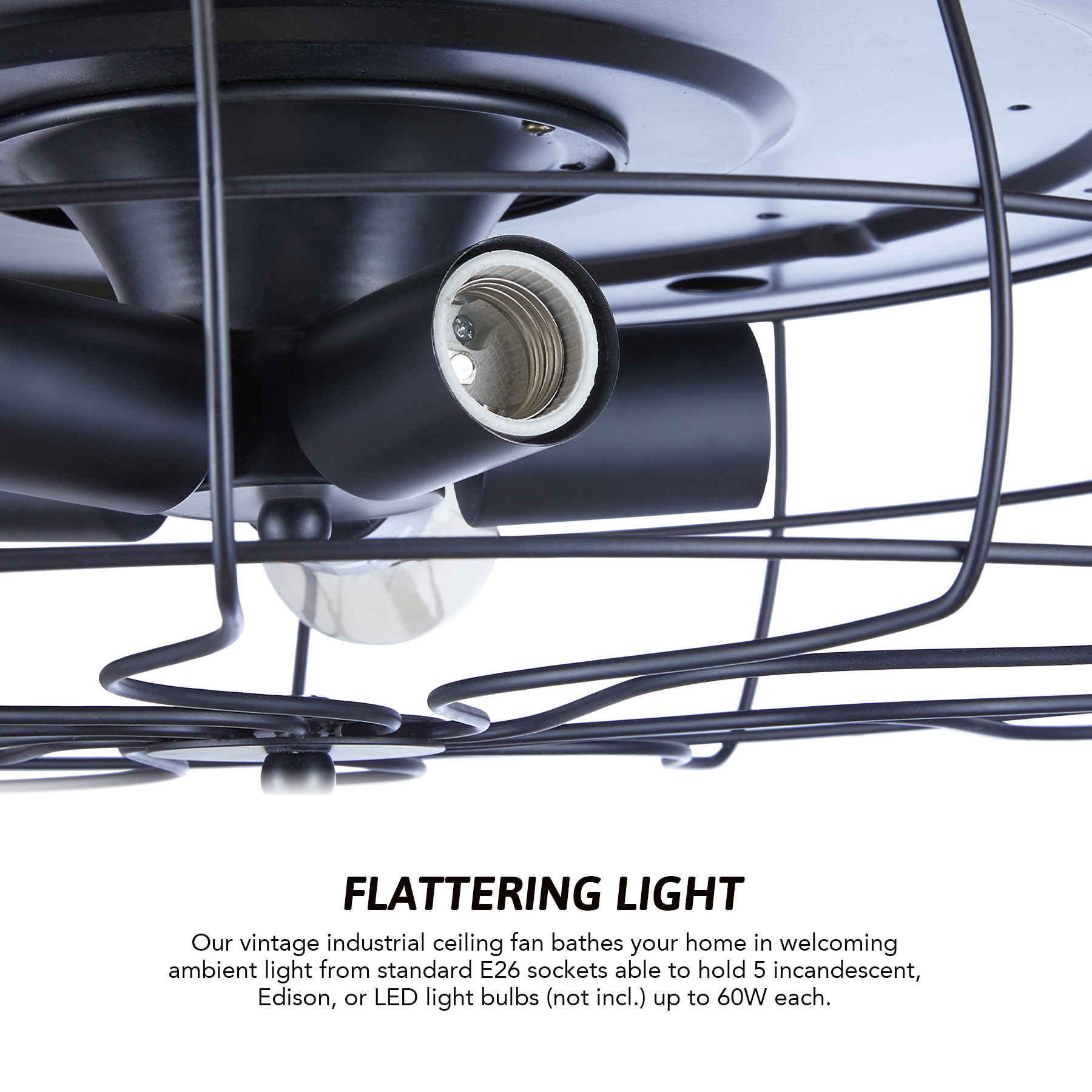 Bestco 42" Ceiling Fan and Lighting with 5 Sockets Remote Control Timer 4 Hidden Blades