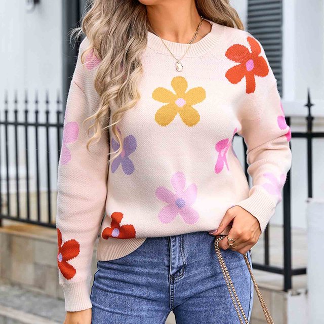 Suéter de cuello redondo para mujer, informal, con cuello redondo, estampado de flores grandes, manga larga, tops acrílicos para mujer