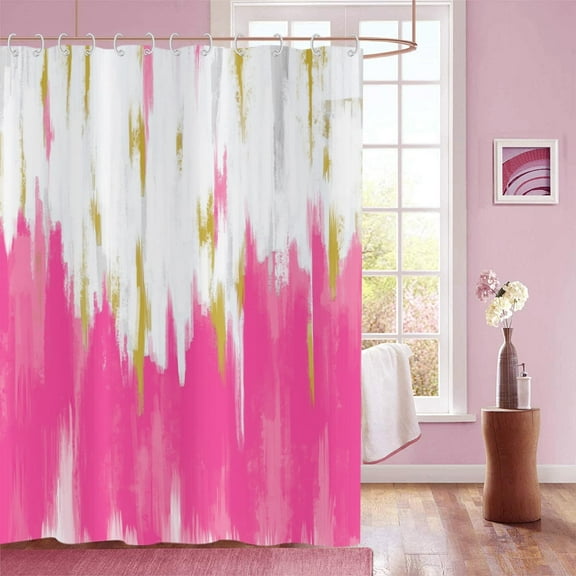Hot Pink Shower Curtain, Pink White Gold Brush Strokes Graffiti Oil Painting Modern Art Abstract Bathroom Curtain Waterproof Fabric Machine Washable with Hooks, 84" Wx72 L