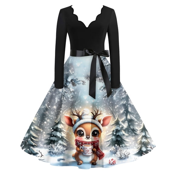 Women's Casual Fashion Christmas Holiday Print V-Neck Vintage Dress, Holiday Print, Retro Style, Party Wear, Casual Dress, Festive, Comfort,Light Blue,L