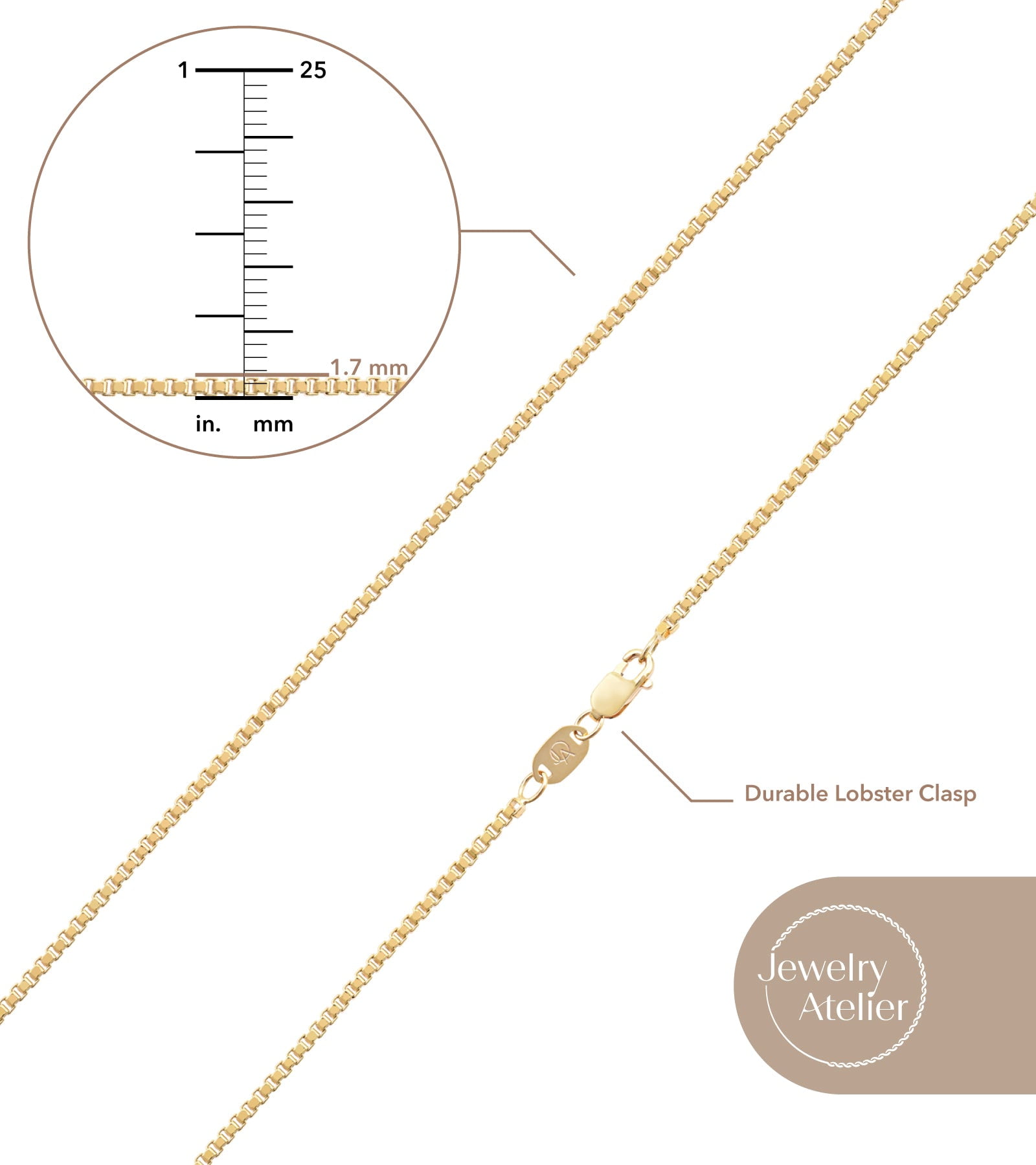 Jewelry Atelier Gold Chain Necklace Collection - 14K Solid Yellow Gold Filled Box Chain Necklaces for Women and Men with Different Sizes (1.0mm or 1.7mm)