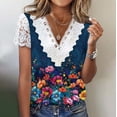 thumbnail image 1 of TaTaai Casual Drop Shoulder Floral Top for Women， V Neck Short Sleeve Pullover Blouse in Airy Lightweight Fabric， Spring Summer Relaxed Fit Tunic Style Gift, 1 of 5