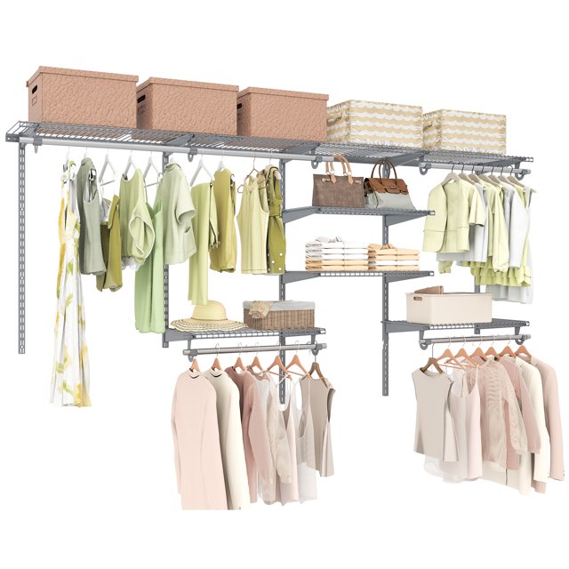 Gymax Wire Closet Organizer System Wall-mounted Adjustable Storage Shelves Coats Gray