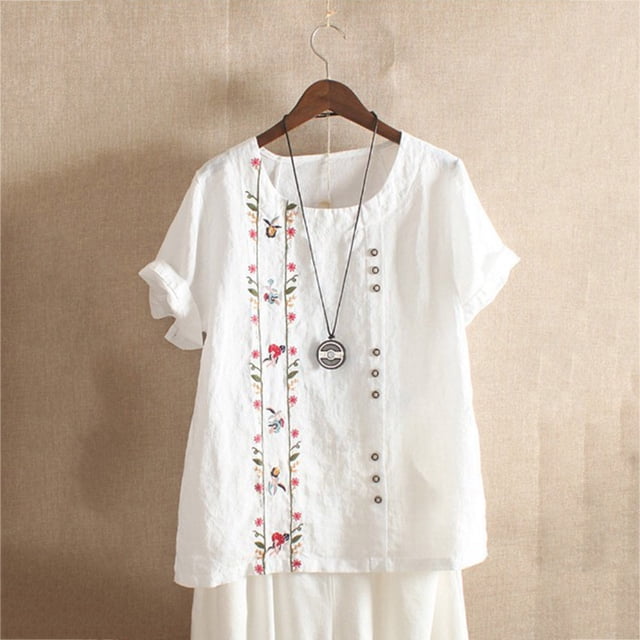 LSLJS Chemise en Coton et Lin à Boutons Imprimée Surdimensionnée pour Femmes, Manches Courtes, Hauts Décontractés pour Femmes