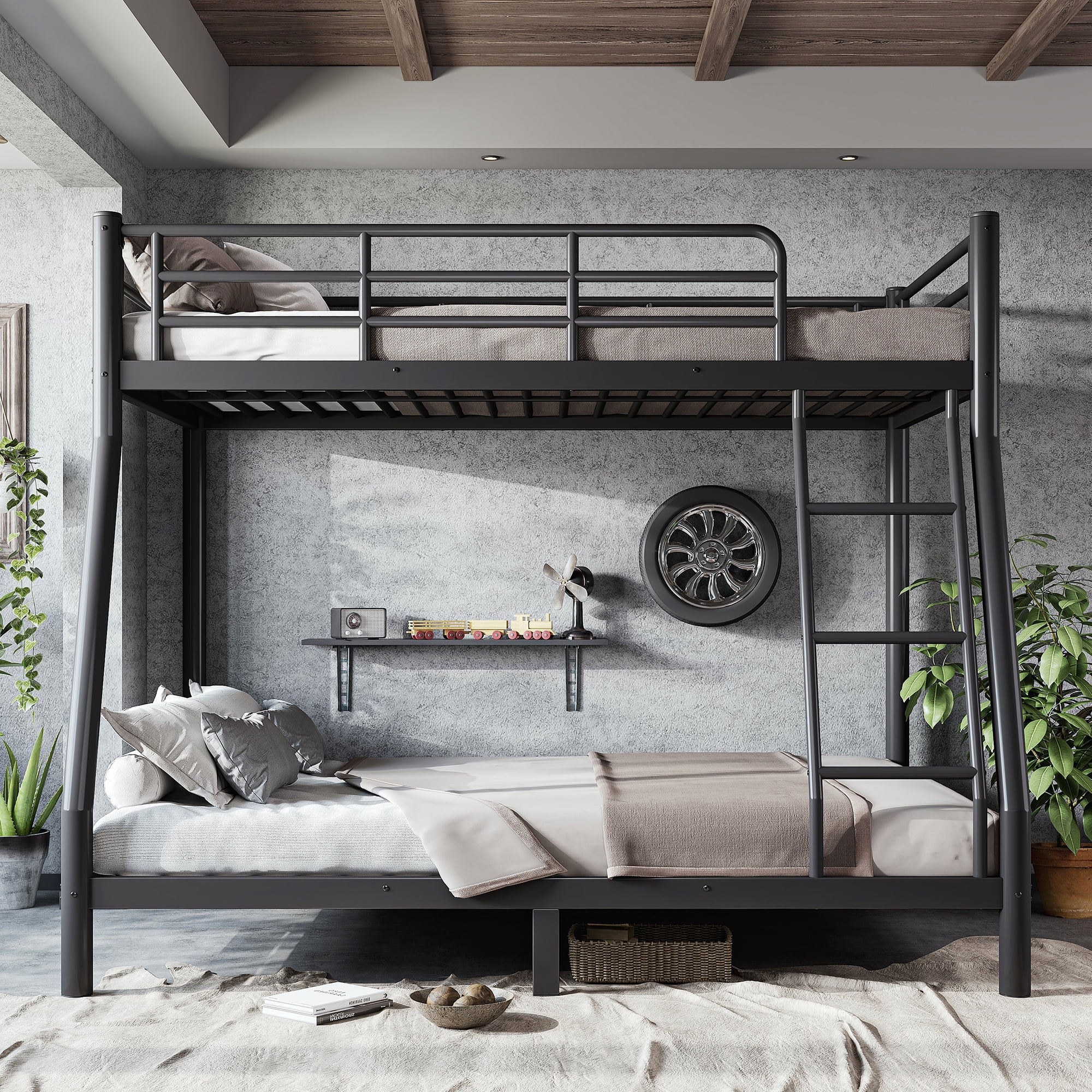 Mintazer Twin Over Full Metal Bunk Bed with Ladder & Guardrails for Bedroom Guest Room, Black