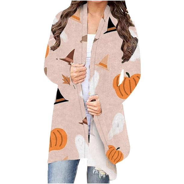Camiseta de manga larga para mujer, cárdigan de otoño, cárdigan suelto, camisa estampada, cárdigan, Top, cárdigan de Halloween, camisa Fridja hkj2556