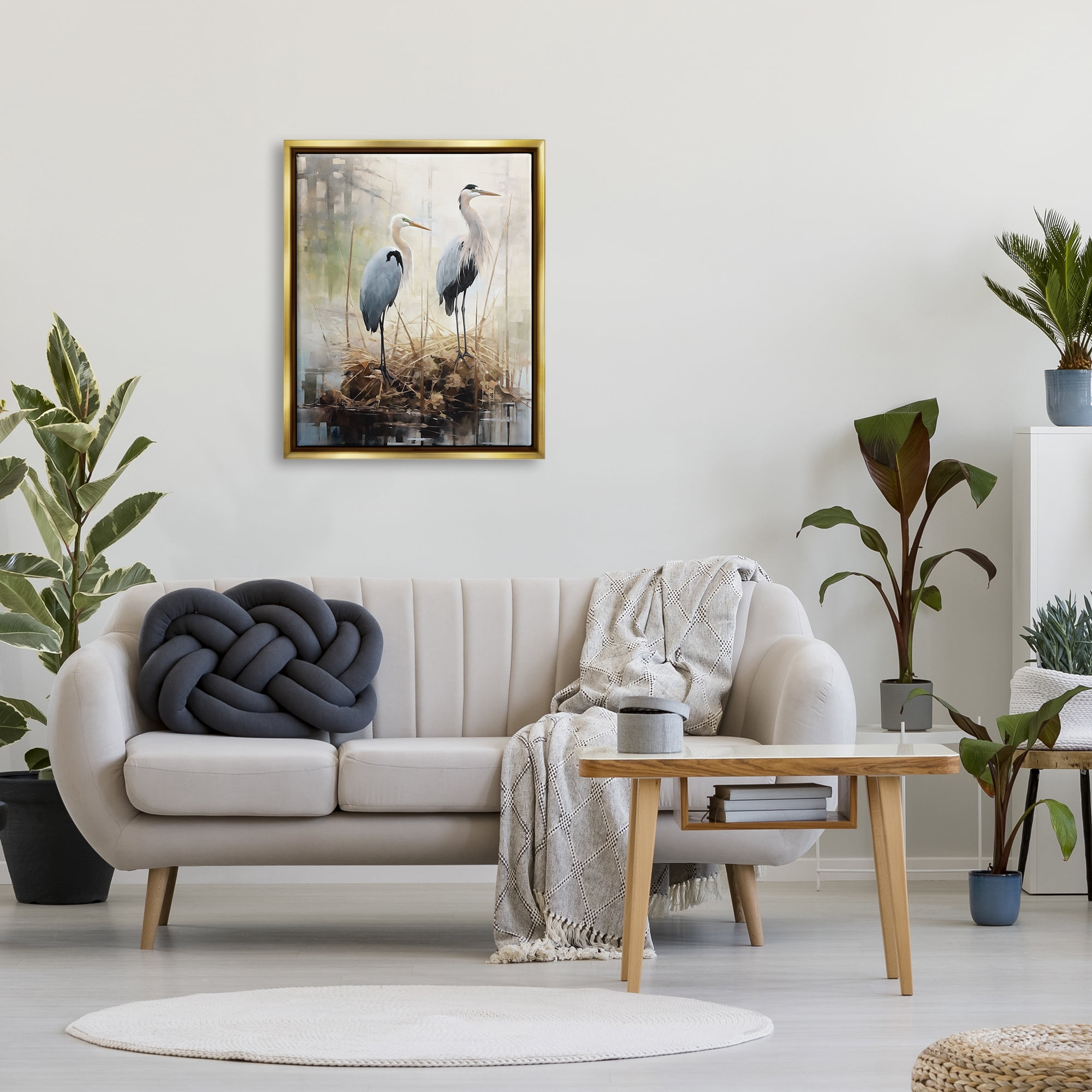 Stupell Industries Cranes in Pond Nature Animals & Insects Painting Gold Floater Framed Canvas Art Print Wall Art, 25 x 31