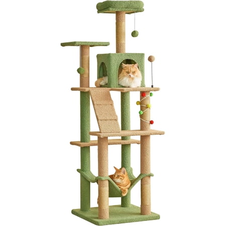 Hejuchuangli 63.8 Inches Green Cat Tree for Indoor Cats, Multi-Level Cat Tower with Sisal-Covered Scratching Posts, Padded Platform, Hammock, Dangling Toys, Stable Cat Condo Pet Play House