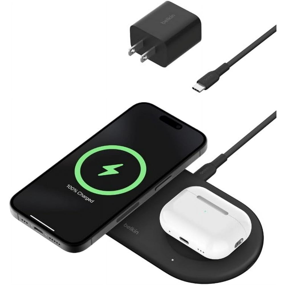 Belkin 2-in-1 Wireless Charging Pad w/ Qi2 15W + Additional USB-C Port - MagSafe-Compatible iPhone Charger, Charging Station for iPhone 16, iPhone 15, & iPhone 14 Series, AirPods, and More - Black