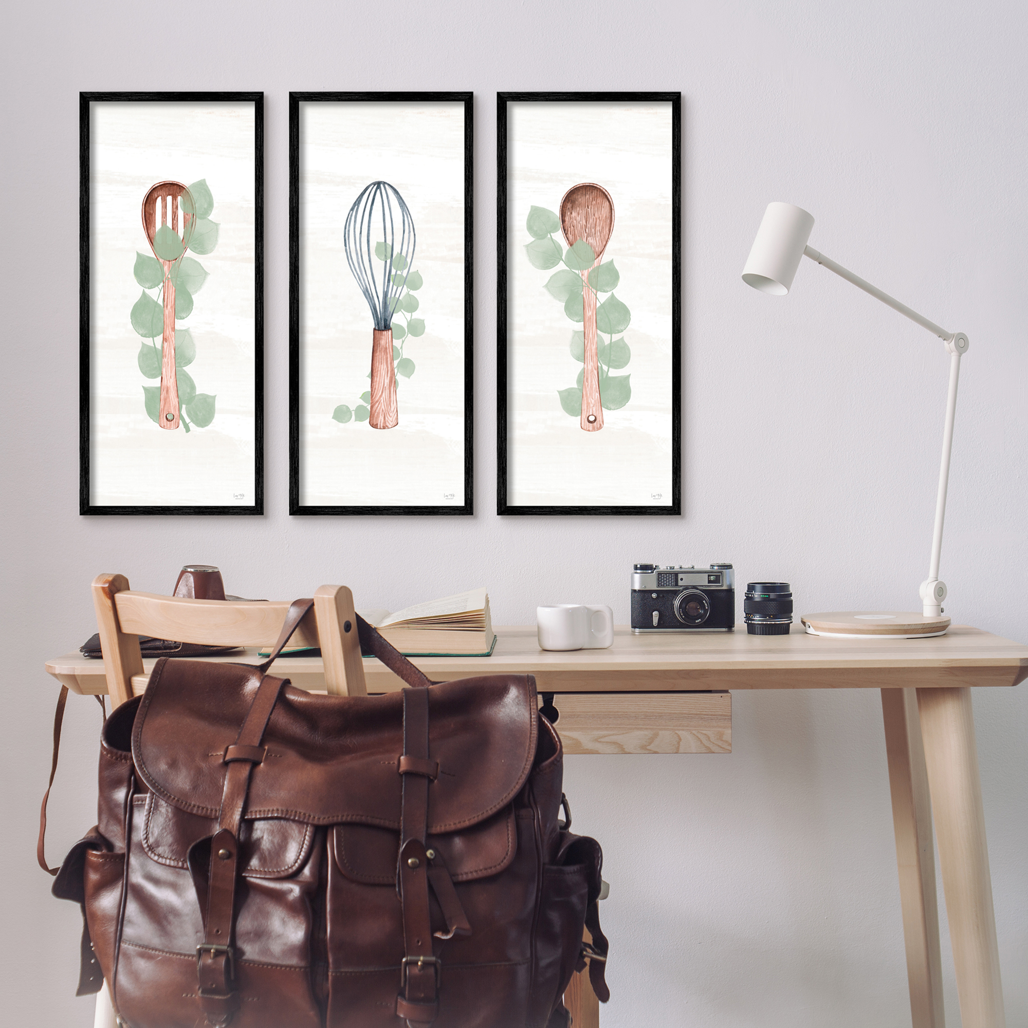 Kitchen Cooking Utensils Whisk Spoon Botanical Eucalyptus Food & Beverage Painting Framed Art Print Wall Art, Set Of 3