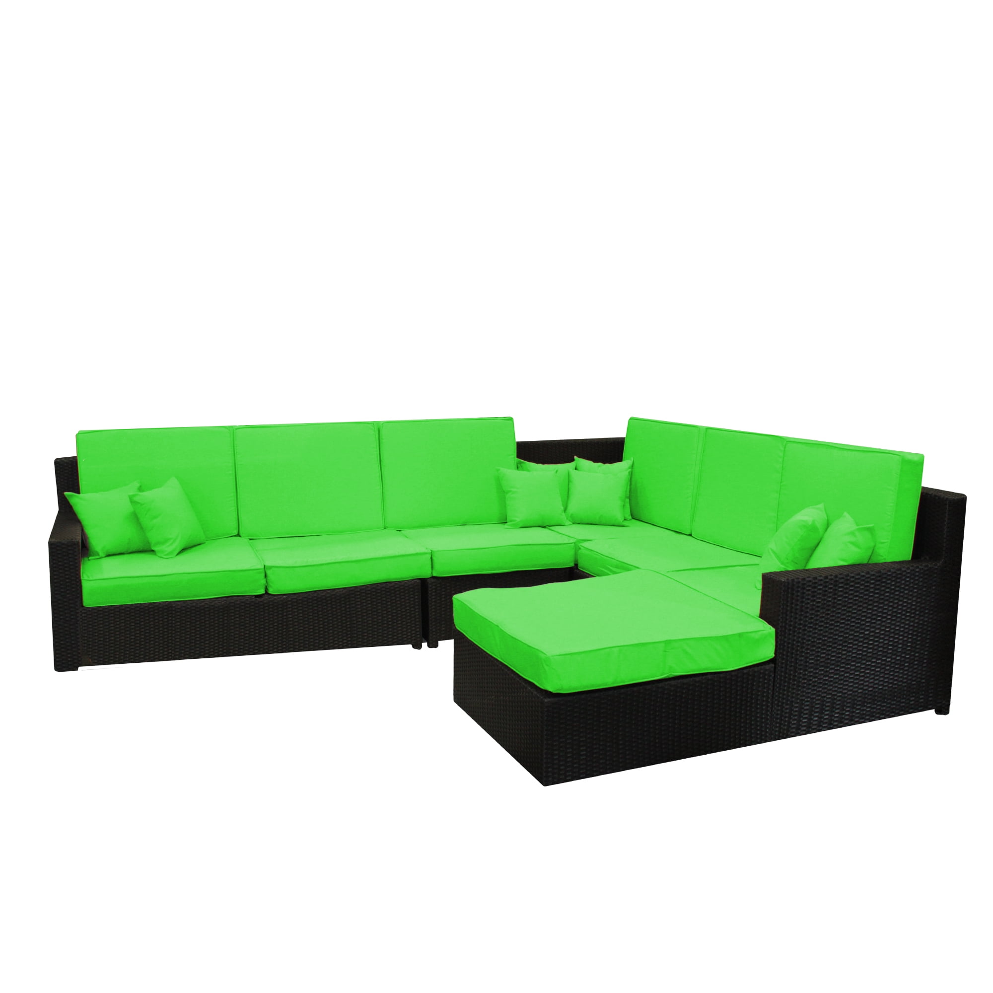 6 Piece Black and Lime Green Wicker Outdoor Furniture Sectional Sofa